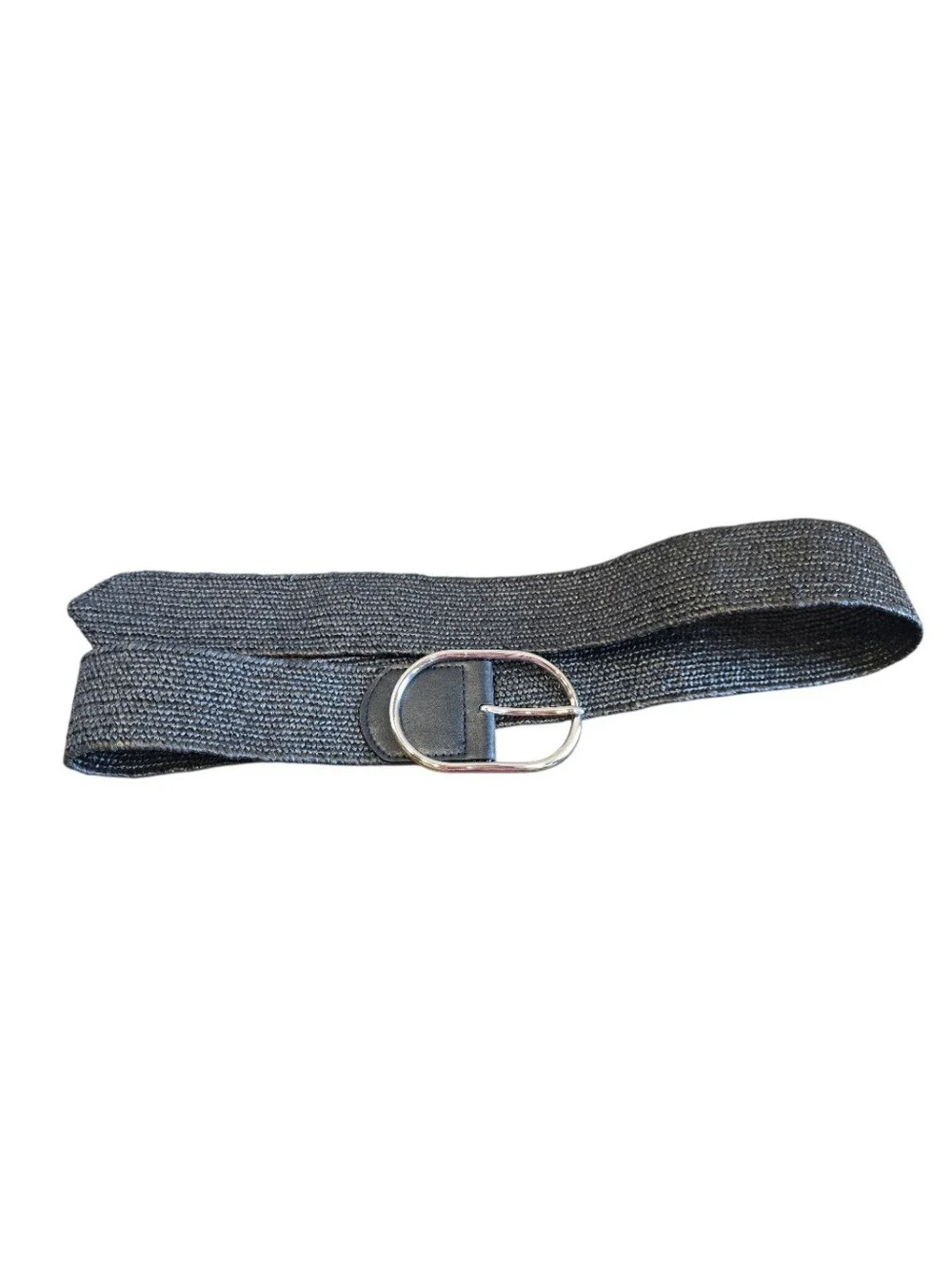 Black Raffia Stretch Silvertone Buckle Adjustable Belt